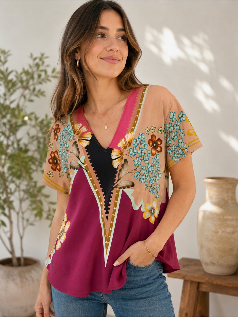 ETRO Milano 100% Silk Floral V-Neck Top Blouse Magenta Beige Gold IT 44 US 8